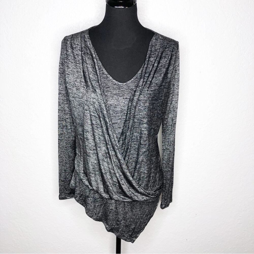 WHBM gray black marled asymmetrical hem faux wrap draped front top size Small